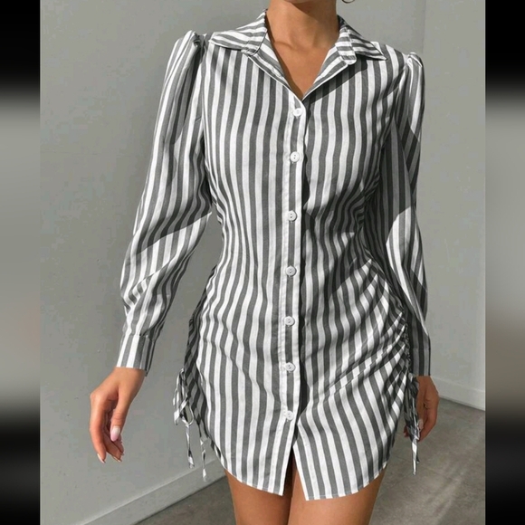 Striped Side Drawstring Shirt Dress - Picture 1 of 4
